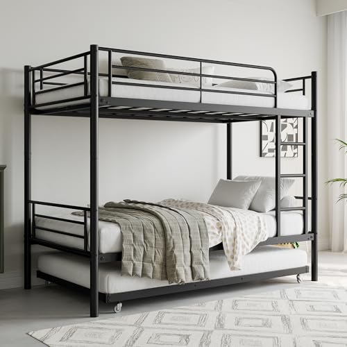 Bellemave Metal Bunk Bed with Trundle, Twin Over Twin Bunk with Guardrail and Ladder for Kids/Teenagers, Adults, No Box Spring Needed, Black with Ladder Bellemave