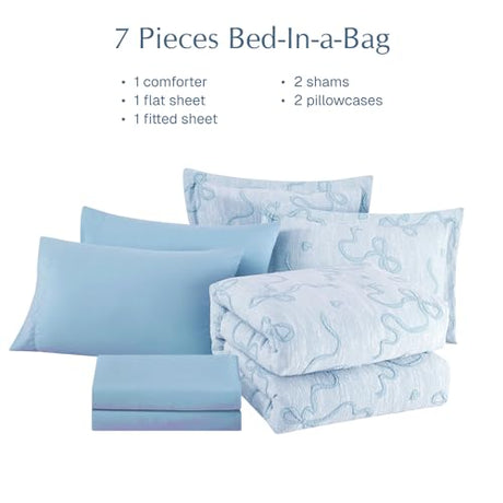 Geniospin Light Blue Full Comforter Set for Girls- 7 Pieces Bowknot Jacquard Bed in A Bag Full Bedding Sets with Sheets, Pillowcases & Shams, All Season Kids Comforter Set Geniospin
