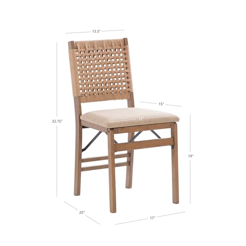 Linon Bennett Natural Folding Chair with Woven Rope Back and Linen Upholstered Seat Set of 2 - WoodArtSupply