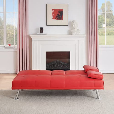 Modern Futon Sofa Bed, 67 Inch Leather Convertible Futon Couch Loveseat Sleeper for Small Spaces,Comfy Folding Recliner Couches for Living Room, Adjustable Backrest,2 Cup Holders,Metal Legs (RED) Xinmviec