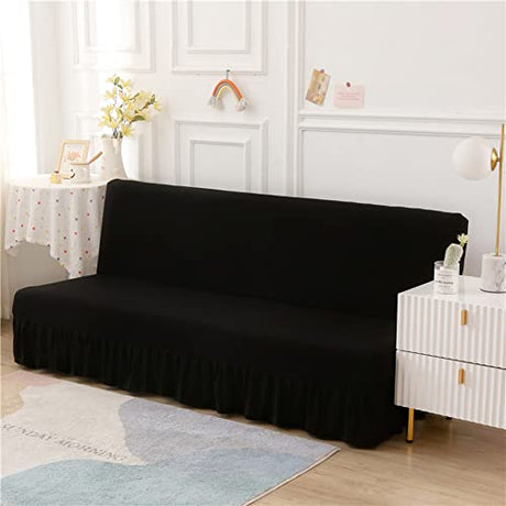 Futon Cover-Stretch Armless Futon Covers Full Size With Skirt Ruffled Futon Sofa Cover Washable Folding Sofa Bed Cover Soft Futon Couch Cover Slipcover With Elastic Bottom For Kids,Pets(Black) ANWUCHEN