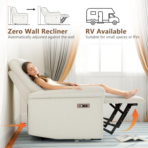 QicoFelix Wall Hugger Recliners for Small Spaces, Zero Wall Power Recliner on Clearance, Fabric RV Recliner, Home Theater Seating for Living Room w/USB Ports (Beige)