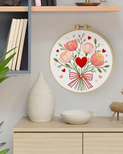 ERKOON Embroidery Kit for Beginners Adult, Flower Cross Stitch Set Include Embroidery Cloth Hoops Threads for Craft Lover Hand Stitch with Embroidery Skill Techniques (Bouquet) ERKOON