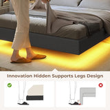 ADORNEVE Queen Floating Bed Frame with USB-C/A Charging Station, LED Bed Frame with Storage Headboard, Upholstered Platform Queen Bed with Shelves, Hidden Storage, Stable Structure,Dark Grey ADORNEVE