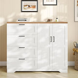 GarveeHome Multifunctional Wooden Dresser for Bedroom, 43.3'' H 2 Door Wardrobe Armoire Closet with 4 Drawers and Hanging Rod, Low Storage Cabinet for Hanging Cloth, White and Brown GarveeHome