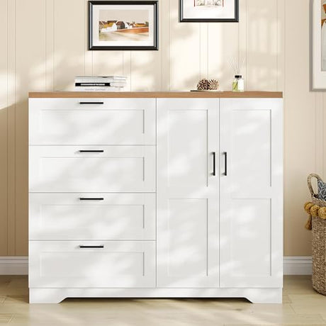 GarveeHome Multifunctional Wooden Dresser for Bedroom, 43.3'' H 2 Door Wardrobe Armoire Closet with 4 Drawers and Hanging Rod, Low Storage Cabinet for Hanging Cloth, White and Brown GarveeHome