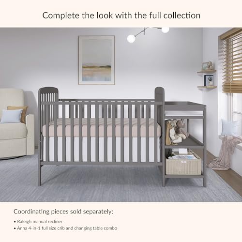 Dream On Me Anna 3-in-1 Convertible Full-Size Baby Crib & Changer with Storage in Steel Grey, GreenGuard Gold & JPMA, Pinewood, Converts to Day & Toddler Bed, 3 Mattress Heights, 1″ Changing Pad