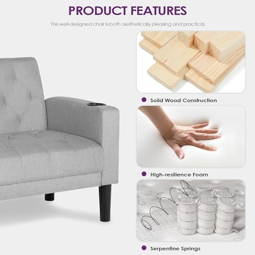 TYBOATLE 62" W Loveseat Sofa w/ 2 USB Charger Ports and 2 Cupholders, Mid-Century Modern Tufted Linen Fabric Small Love Seat Couches for Compact Living Room, Bedroom, Apartment, Dorm (Light Grey) TYBOATLE