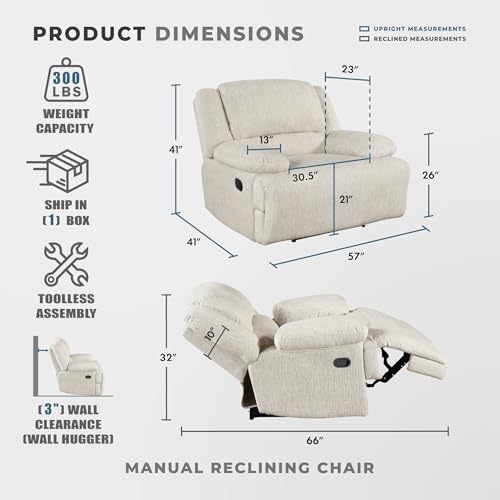 Lexicon Manual Reclining Chair-Textured Microfiber Wall Hugger Recliner, Tab Pull Reclining, Pillow Top Arms, for Living Room/Theater Seating/Apartment, Easy Assembly, Vanilla Beige