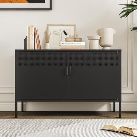 Chshin Metal Storage Cabinet with Doors,Black Accent Cabinet,Metal Locker Storage Cabinets,2 Door TV Media Stand with Removable Shelves for,Home,Office,Entryway,Living Room Chshin