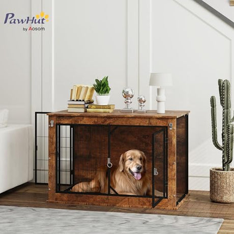 PawHut 39" Dog Crate Furniture with Flip-up Top Opening, Decorative Dog Kennel Furniture Side Table with 2 Doors for Large Breeds, Rustic Brown PawHut