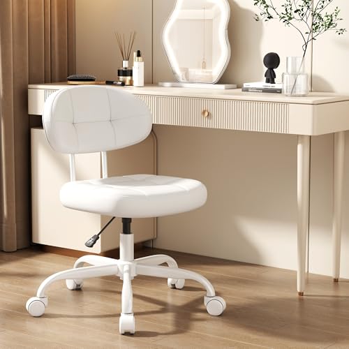 Misolant Vanity Chair with Back, Small Armless Cute office Chair with wheels and Lumbar support, Comfy PU Leather Desk Computer Chairs with Adjustable Height, 360°Swivel for Home Bedroom Office, White Misolant