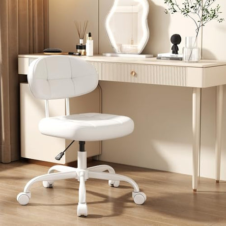 Misolant Vanity Chair with Back, Small Armless Cute office Chair with wheels and Lumbar support, Comfy PU Leather Desk Computer Chairs with Adjustable Height, 360°Swivel for Home Bedroom Office, White Misolant