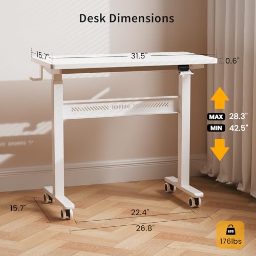 HitGo Mobile Standing Desk with Wheels, 32 inch Pneumatic Height Adjustable Desk for Walking Pad, Small Rolling Computer Workstation, Portable Sit Stand Desk for Home Office, 28-43" Tall, White HitGo