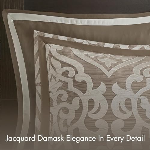 Madison Park Odette Cozy Comforter Set Jacquard Damask Medallion Design - Modern All Season, Down Alternative Bedding, Shams, Decorative Pillows, Cal King(104 in x 92 in), Tan 8 Piece Madison Park
