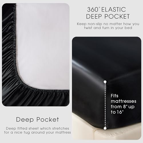 FreshCulture Satin Sheets Queen Size Bed Set- 4 Piece Luxury Soft Silky Queen Sheet Set, Similar to Silk Bed Sheets with 1 Deep Pocket Fitted Sheet, 1 Flat Sheet & 2 Pillowcases (Black) FreshCulture
