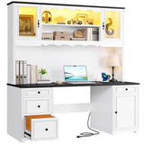 DWVO Executive Desk with Hutch and Power Outlets, Computer Desk with Drawers & LED Lights, Farmhouse Home Office Desks with Storage Shelves, White & Black DWVO