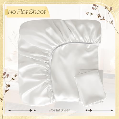VACVELT 3-Piece Satin Fitted Sheet Set King Size, Ivory White Bottom Bed Sheet with 2 Pillowcases, Similar to Silk Sheets, Luxury & Silky Bedding Set, 15 Inch Deep Pocket VACVELT