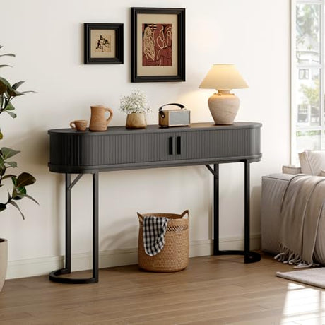ONBRILL 55 Inch Console Table with 2 Drawers, Entryway Table with Sliding Door, Long Sofa Table Behind Couch w/Metal Leg, Mid-Century Modern Console Table for Entryway, Hallway, Living Room,Black ONBRILL