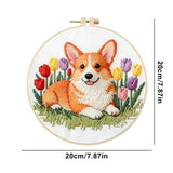 jinglinhh Embroidery Starter Kit Corgi Dog Tulip Flower for Adult Beginners, DIY Stamped Cross Stitch Kit Kit with Hoops, Threads & Embroidery Cloth, Needlework Craft Gift for Women