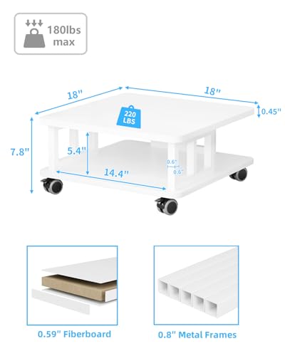 AOOSSI Mobile Printer Stand, 2-Tier Large Printer Shelf for Laser 3D Printer Office Machine with Storage, 23.6"x23.6" Wood Printer Cart Under Desk Rack with Wheels for Office Home Kitchen (White)