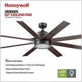 Honeywell Ceiling Fans Xerxes Modern 62 Inch Ceiling Fan with Light, LED Fan with Remote Control, Indoor Fan, 8 Contemporary Blades with Dark Wood and Pine Finish Options, Bronze (51926-01) Honeywell