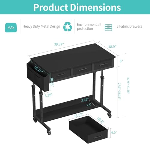 Rolling Standing Desk Adjustable Height with Drawers, 40 Inch Mobile Stand Up Portable Teacher Desks on Wheels for Classroom, Couch Sofa Side Laptop Table with Storage for Bedroom Home Office, Black WINAZ