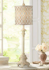 Regency Hill French Country Traditional Candlestick Buffet Table Lamp Vintage 34" Tall Skinny Ivory Off White Metal Lattice Double Shade for Living Room House Home Entryway Dining Family Regency Hill