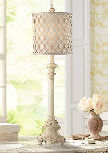 Regency Hill French Country Traditional Candlestick Buffet Table Lamp Vintage 34" Tall Skinny Ivory Off White Metal Lattice Double Shade for Living Room House Home Entryway Dining Family Regency Hill