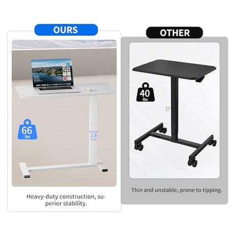 Ywin Medical Adjustable Overbed Bedside Table with Wheels, Rolling Standing Desk, Pneumatic Small Side Bed Table with Tray for Couch, Hospital, Home,Office Use (White) Ywin