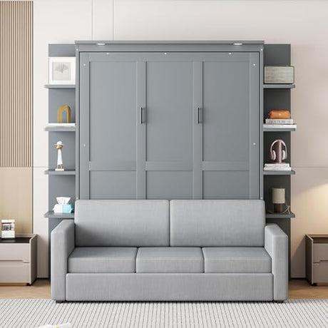 Queen Murphy Bed with Couch and Storage Shelves,Wood Murphy Wall Bed Cabinet with Storage Shelves and Sofa,Folding(Grey) Virubi
