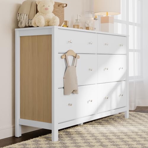 Storkcraft Horizon 6 Drawer Dresser (White with Driftwood) - GREENGUARD Gold Certified, Dresser with Interlocking Drawer System for Kids' Bedroom STORKCRAFT