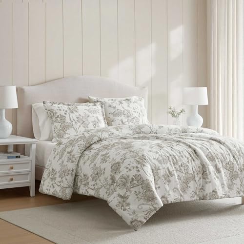 Martha Stewart - Queen Comforter Set, Smooth Sateen Front with Subtle Sheen & Lightweight Cotton Percale Reverse, 3 Piece Bed Set with Matching Pillowcases (Avery Floral Grey) Martha Stewart