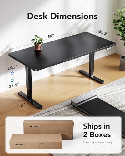 HUANUO 60x30 Inch 3-Stage Legs Electric Standing Desk, Large Height Adjustable Office Desk with Brushless Motor, Stand Up Desk with 4 Memory Presets & 2 Hooks, Computer Desk for Home Office, Black HUANUO