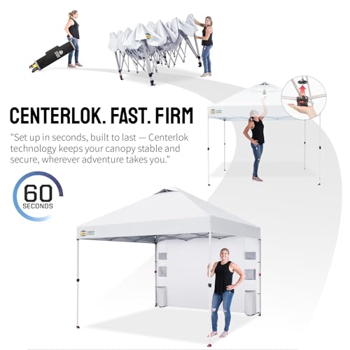 CROWN SHADES Canopy Tent 10x10 Pop Up Canopy Outdoor Shade with Pockets Sidewall, Easy Up Sun Shelter with One Person Set Up Center Lock, Portable Instant Camping Beach Canopy Tents, Grid White CROWN SHADES