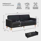 Lexicon 79"W Convertible Futon Sofa Bed, Loveseat, Faux Leather Upholstered Couch Sleeper, Adjustable Backrests, Padded Pocket Coil, Solid Wood Legs for Living Room, Bedroom, Apartment, Office, Black Lexicon