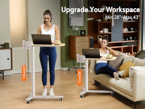 KINGSMITH Rolling Desk Adjustable Height with Drawer and Wheels, Portable Small Standing Desk Pneumatic for Home Office, Mobile Computer Laptop Desk Cart, Medical Sofa Overbed Table, Oak KINGSMITH