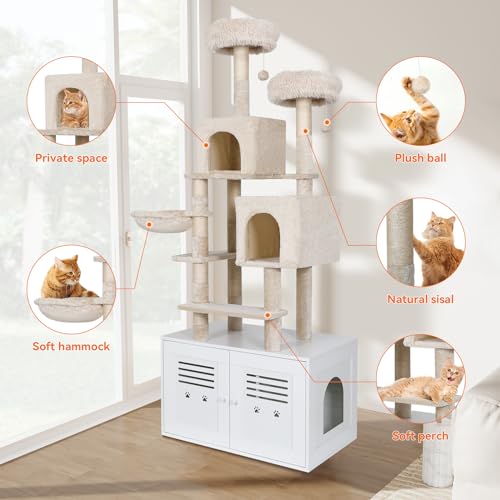 PANTAZO Cat Tree with Litter Box Enclosure 2-in-1 Wooden Cat House Furniture, 76.8 Inch Tall Cat Condo with Hammock, Scratching Posts White - WoodArtSupply