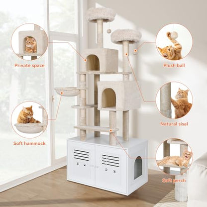 PANTAZO Cat Tree with Litter Box Enclosure 2-in-1 Wooden Cat House Furniture, 76.8 Inch Tall Cat Condo with Hammock, Scratching Posts White