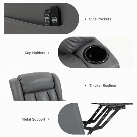 Culect Electric Lift Recliner with Massage Heating Function Mild Zero-Gravity and Stand-Assist Feature, Recliner Chair with 2 Remote Controls and USB Port, Large Side Pockets, Gray PU Culect