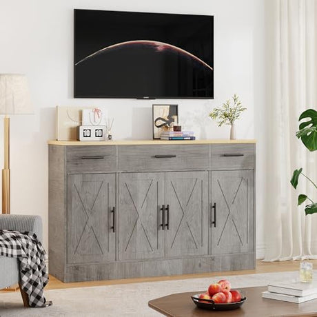 Shintenchi Buffet Cabinet with Storage,53.4" Large Kitchen Storage Cabinet with 3 Drawers and 4 Doors,Wood Farmhouse Buffet Sideboard with Adjustable Shelf for Kitchen Living Room, Gray Shintenchi