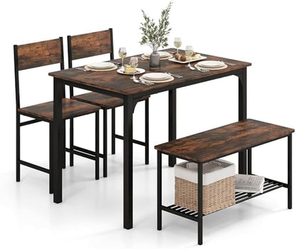 Moccha Dining Table Set for 4, Wooden Kitchen Table with with 2 Chairs and a Long Bench, Modern 4-Piece Dinette with Metal Frame & Storage Rack, Space-Saving Table Set for Dining Room, Rustic - WoodArtSupply