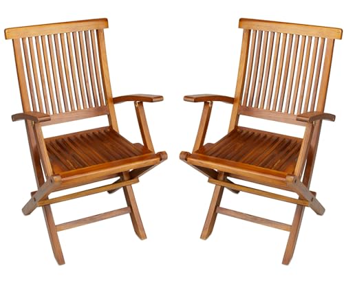 TeakCraft Teak Folding Arm Chair - 2 Piece Foldable Chairs Set - Fully Assembled - Solid Wooden Outdoor, Indoor- Wood Dining Room, Kitchen, Patio, Bistro Chairs, The Mille - WoodArtSupply