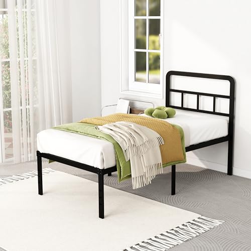DiaOutro Twin Bed Frames with Headboard 18 Inch, Metal Platform No Box Spring Needed Heavy Duty Steel Slat Mattress Foundation/Easy Assembly/Noise Free/Black DiaOutro