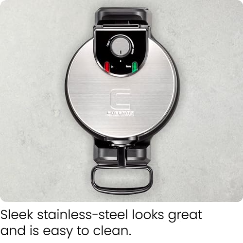 Chefman Rotating Belgian Waffle Maker, 180° Flip Iron w/ Non-Stick Plates, Adjustable Timer, Locking Lid, & Drip Plate, Space Saving Storage, Mess-Free Breakfast, Stainless Steel/Black Chefman