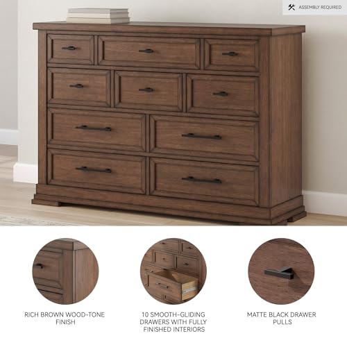 Signature Design by Ashley Taffenbrook Farmhouse 10-Drawer Bedroom Dresser with Felt-Lined Top Drawer for Jewelry and Delicates, Easy Glide Drawers, Picture Frame Moulding, Black Handles, Dark Brown Signature Design by Ashley