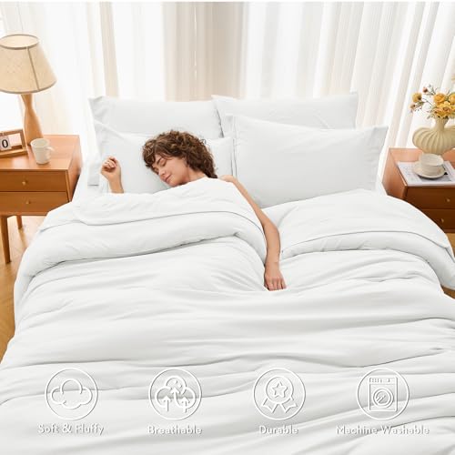 MUXHOMO 7 Pieces Full Comforter Set, Soft Bed in a Bag Full Size, All Season Bedding Set with Comforter, Flat Sheet, Fitted Sheet, Pillowcases & Shams, White MUXHOMO