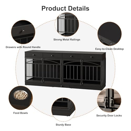 GarveeHome Dog Crate Furniture for 2 Dogs, Dog Kennel Indoor with 4 Storage Drawers and Feeding Bowls, Double Dog Crate TV Stand for Small Medium Dogs, Black GarveeHome