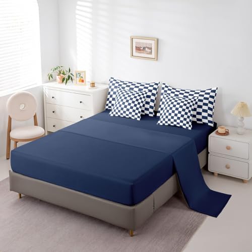 Erosebridal White Blue Plaid Full Comforter Set with Sheets 7 Piece Navy Blue Checkerboard Bedding Set for Kids Boys Teen,Checkered Grid Bed in A Bag Modern Aesthetic Geometric Bed Set Erosebridal