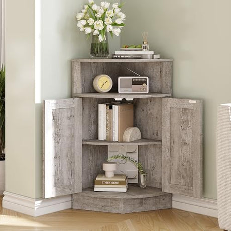 Vabches Corner Storage Cabinet, Farmhouse Small Floor Corner Cabinet with Barn Door and Adjustable Shelf, Narrow Cabinet Organizer for Bathroom,Pantry, Living Room, Kitchen, Grey Vabches